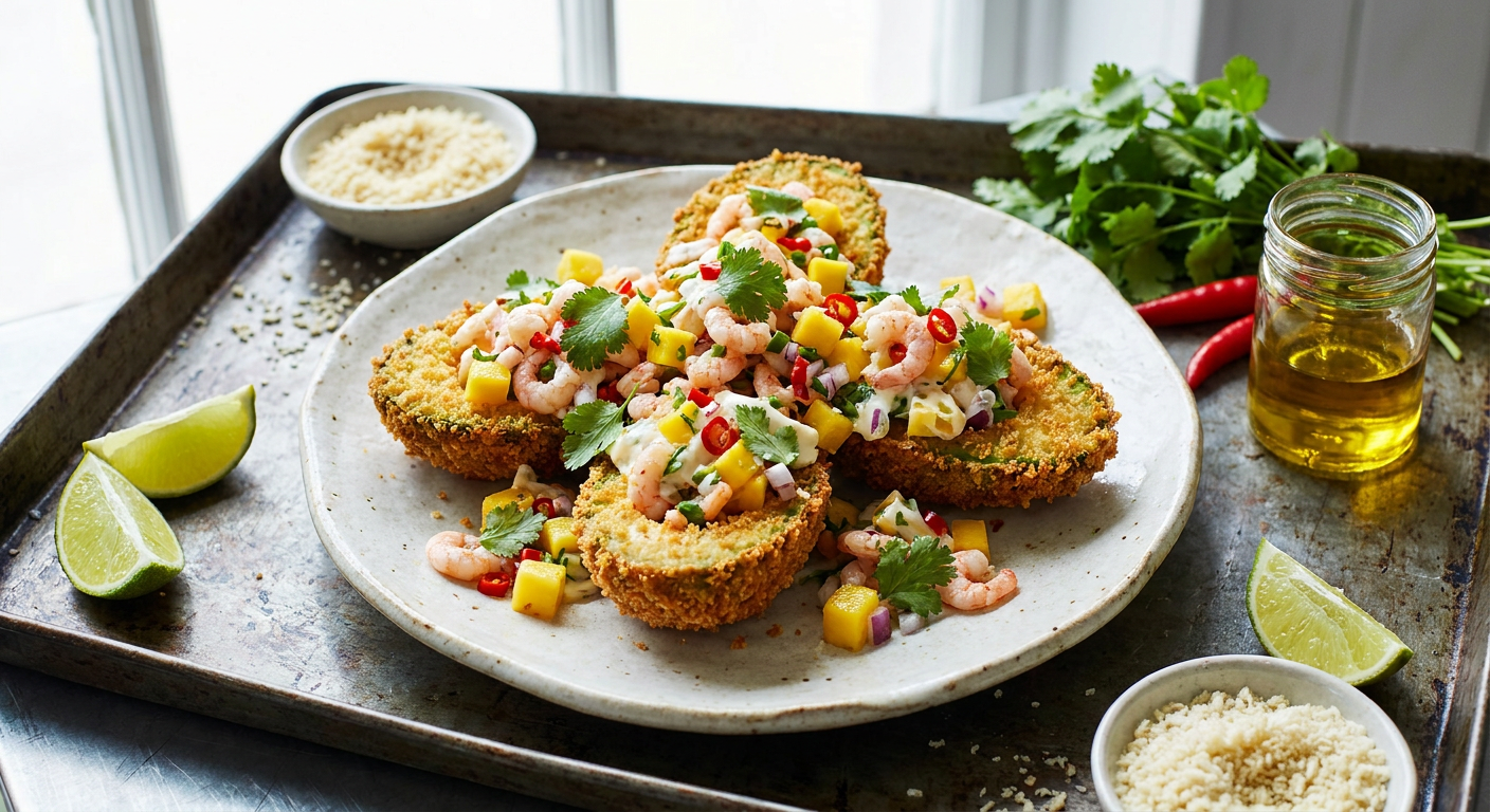 Frittierte Avocado mit pikantem Garnelensalat und Mango