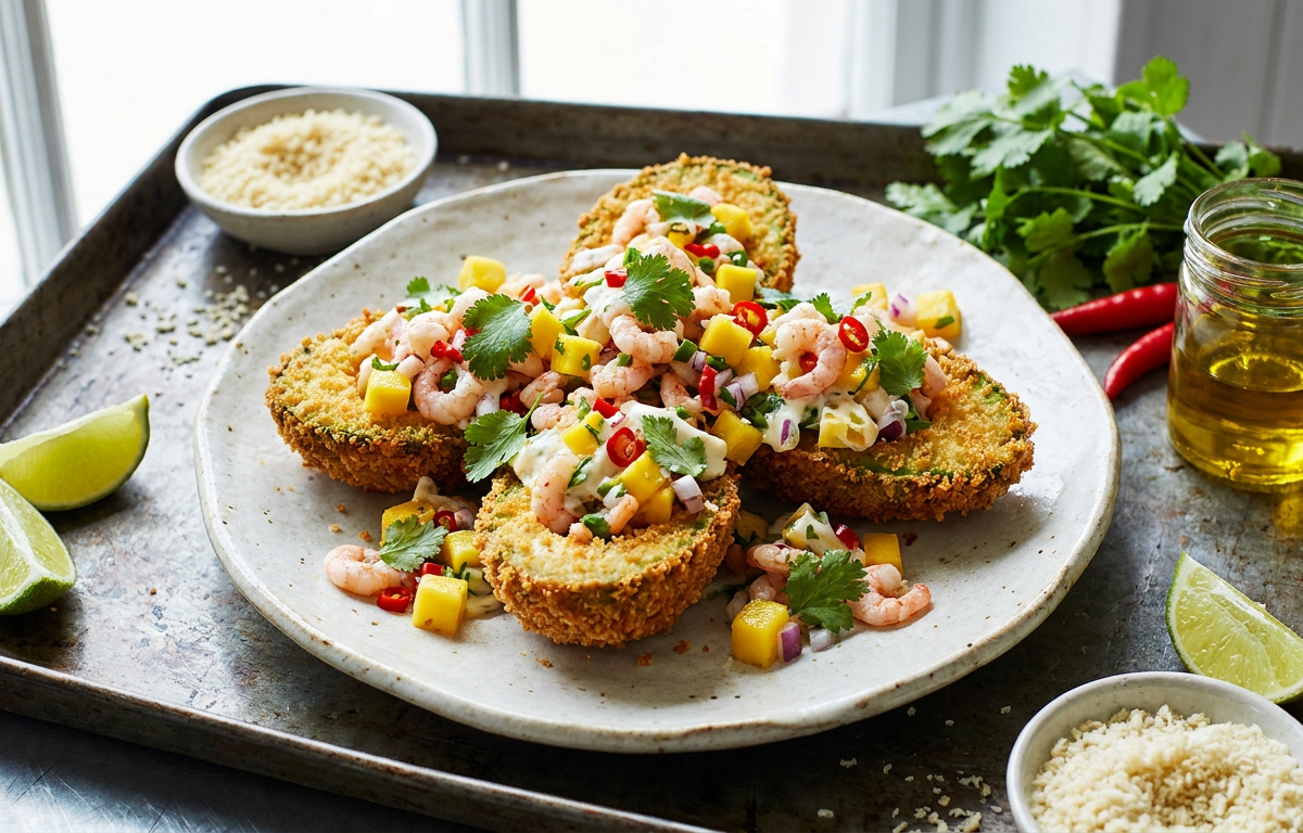 Frittierte Avocado mit pikantem Garnelensalat und Mango