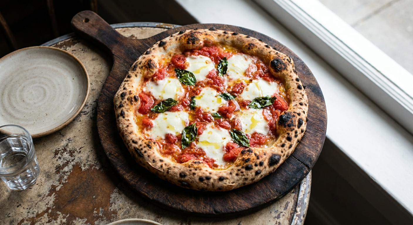 Classic Neapolitan Pizza served on a plate, photographed in natural light