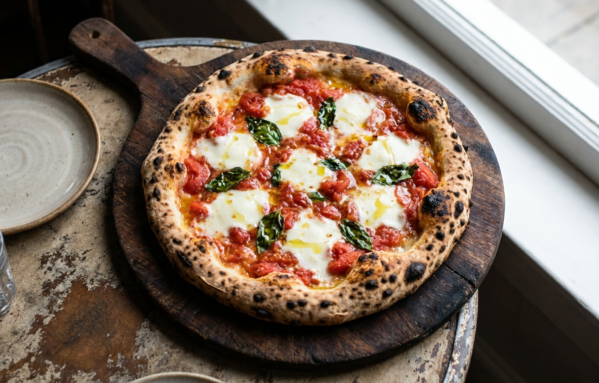 Classic Neapolitan Pizza served on a plate, photographed in natural light