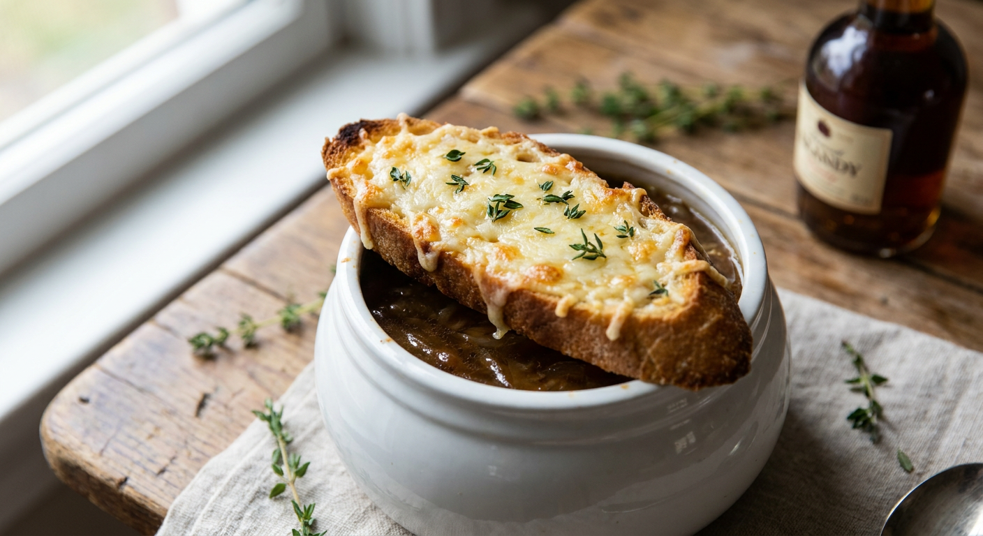 Classic French Onion Soup (Soupe à l'Oignon) served on a plate, photographed in natural light
