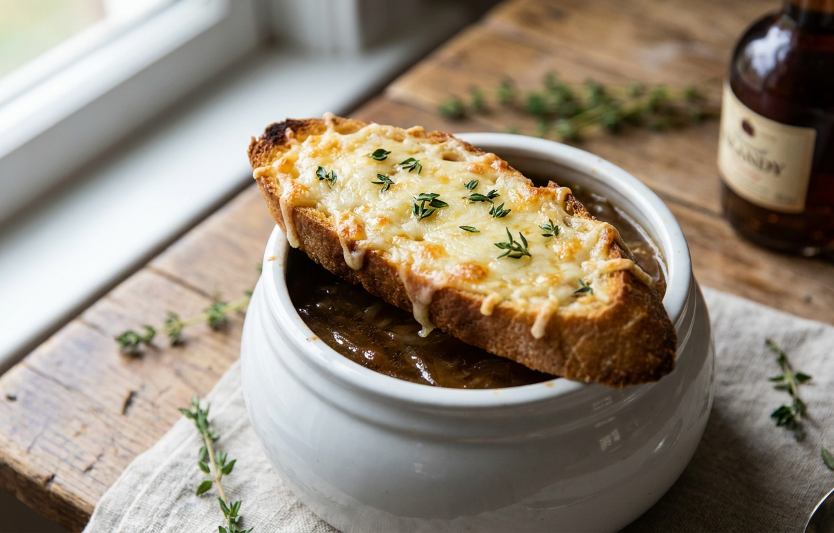 Classic French Onion Soup (Soupe à l'Oignon) served on a plate, photographed in natural light