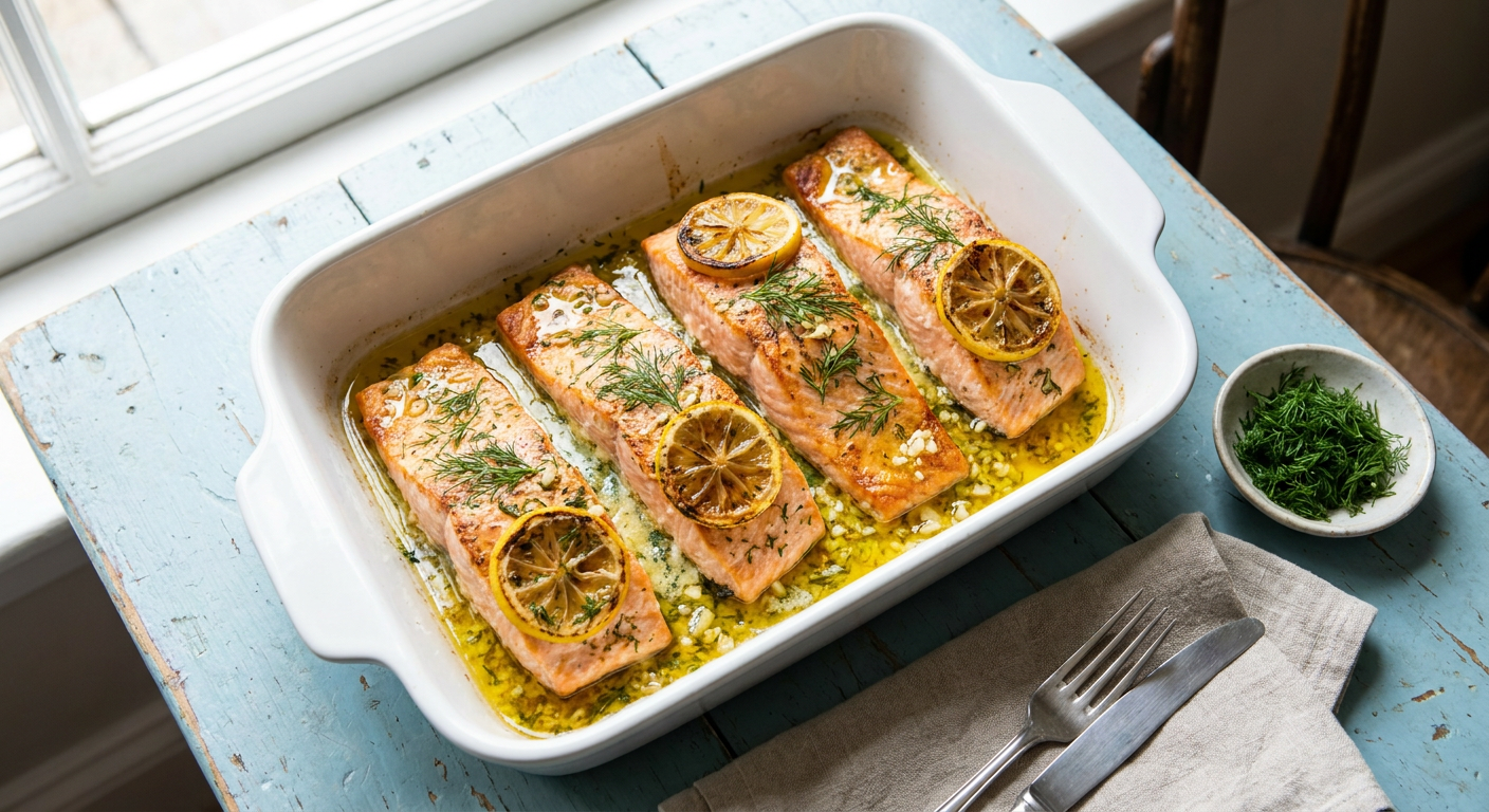 Oven-Baked Lemon Garlic Salmon served on a plate, photographed in natural light