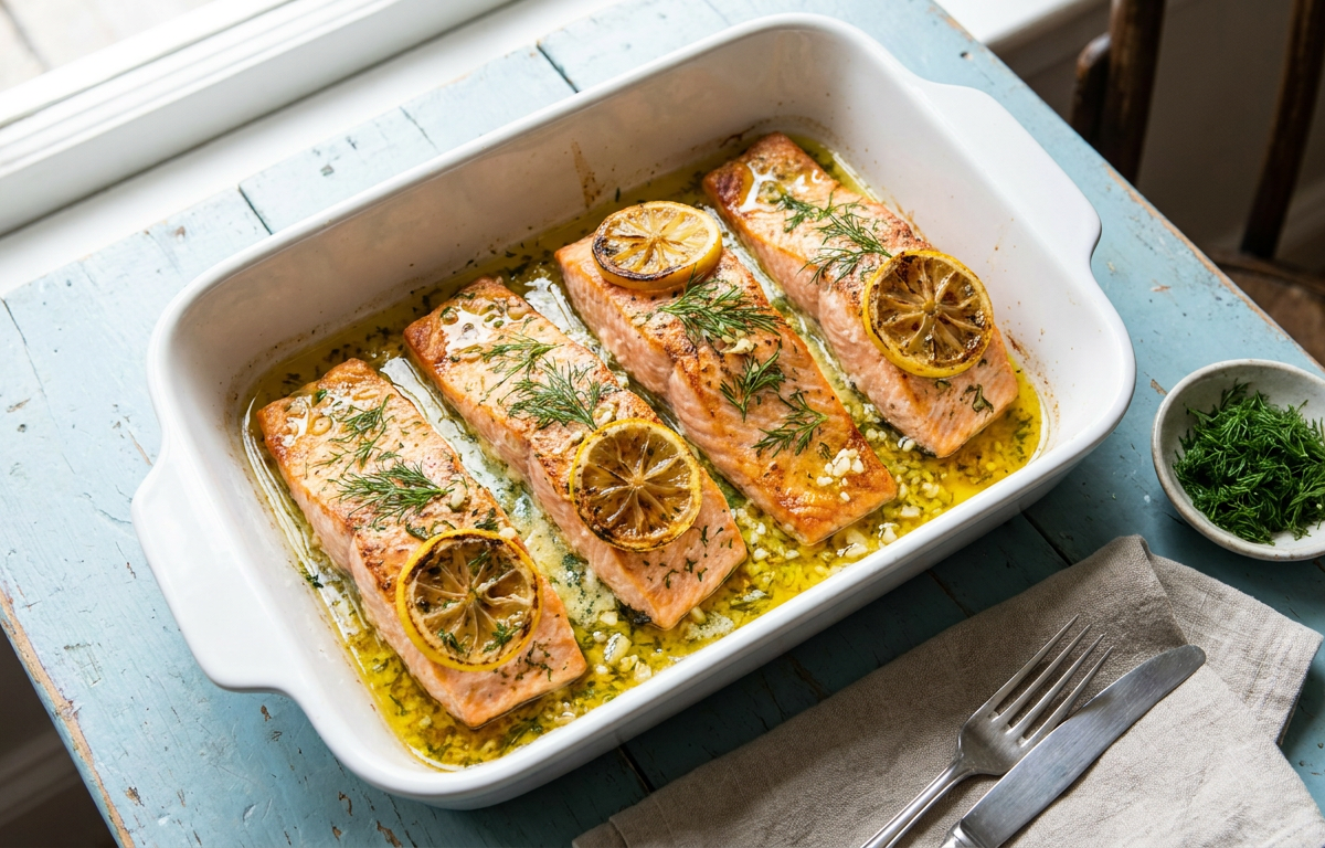 Oven-Baked Lemon Garlic Salmon served on a plate, photographed in natural light