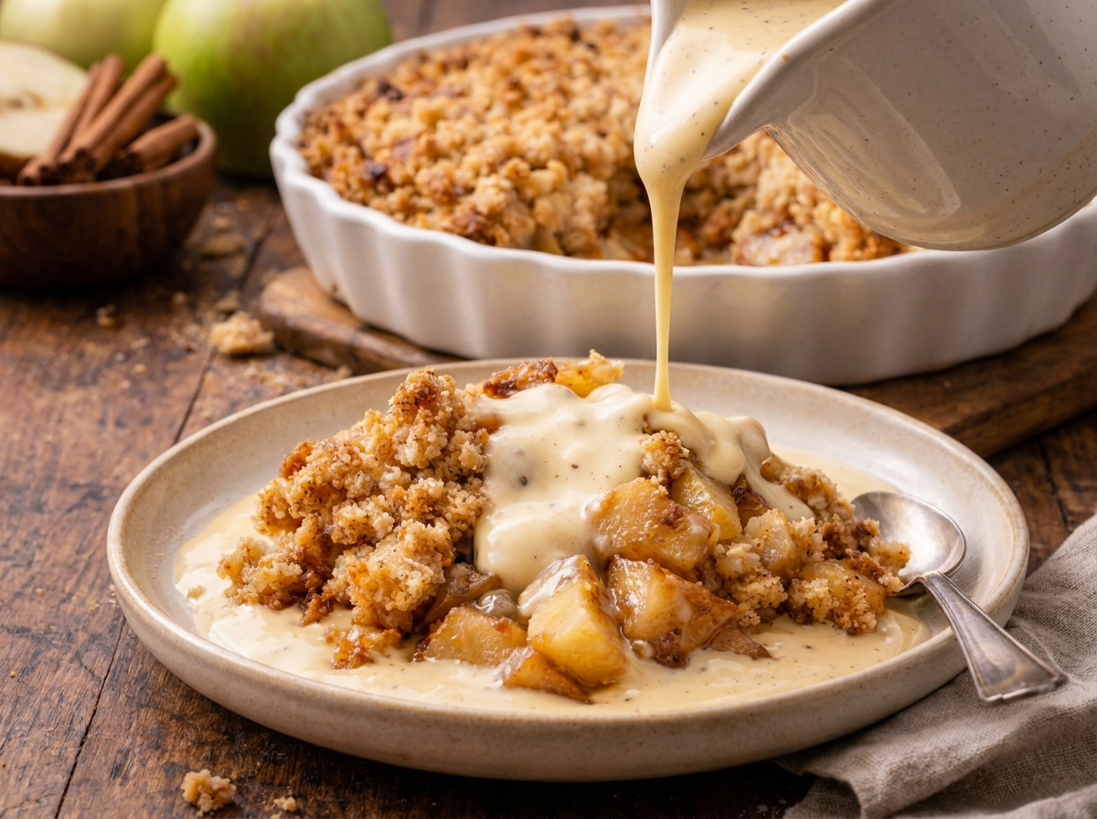 Apple crumble pie served with vanilla sauce