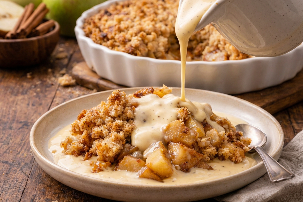 Apple crumble pie served with vanilla sauce