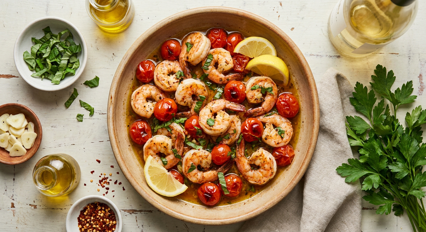 Italian Garlic and Tomato Skillet Shrimp served on a plate, photographed in natural light