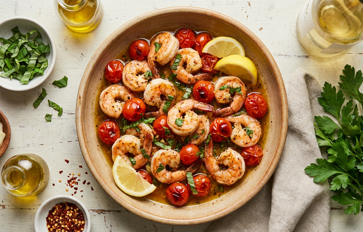 Italian Garlic and Tomato Skillet Shrimp served on a plate, photographed in natural light