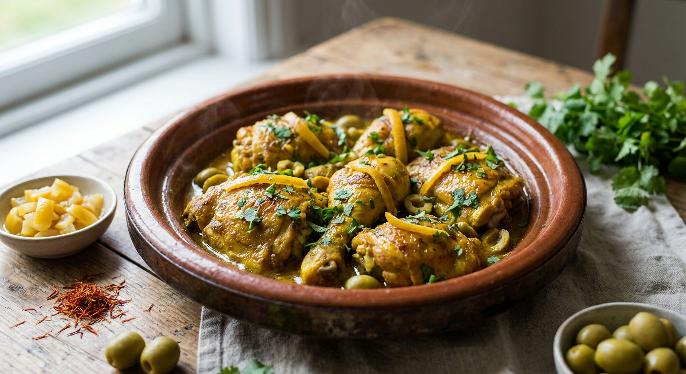 Chicken Tagine with Preserved Lemon & Olives served on a plate, photographed in natural light