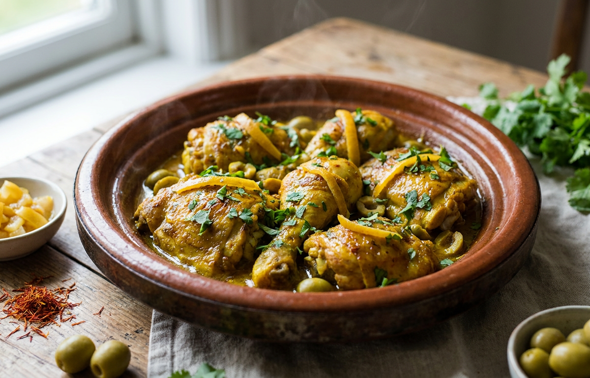 Chicken Tagine with Preserved Lemon & Olives served on a plate, photographed in natural light