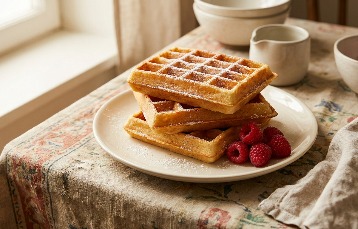 Authentic Belgian Waffles (Brussels Style) served on a plate, photographed in natural light