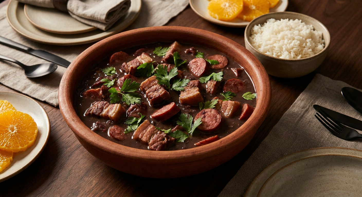 Authentic Brazilian Feijoada served on a plate, photographed in natural light