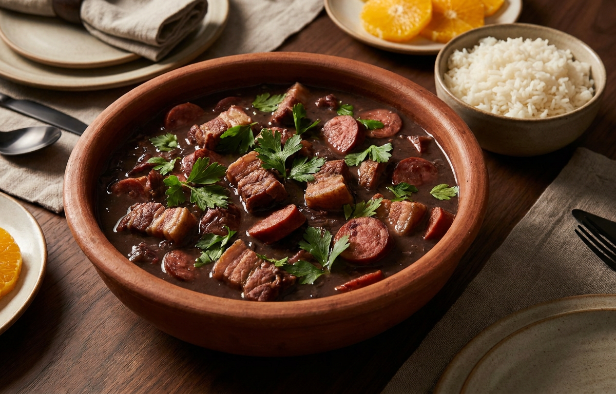 Authentic Brazilian Feijoada served on a plate, photographed in natural light
