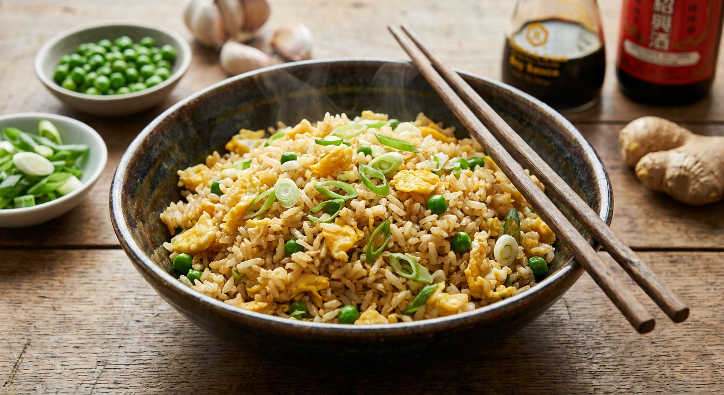 Classic Chinese Egg Fried Rice served on a plate, photographed in natural light