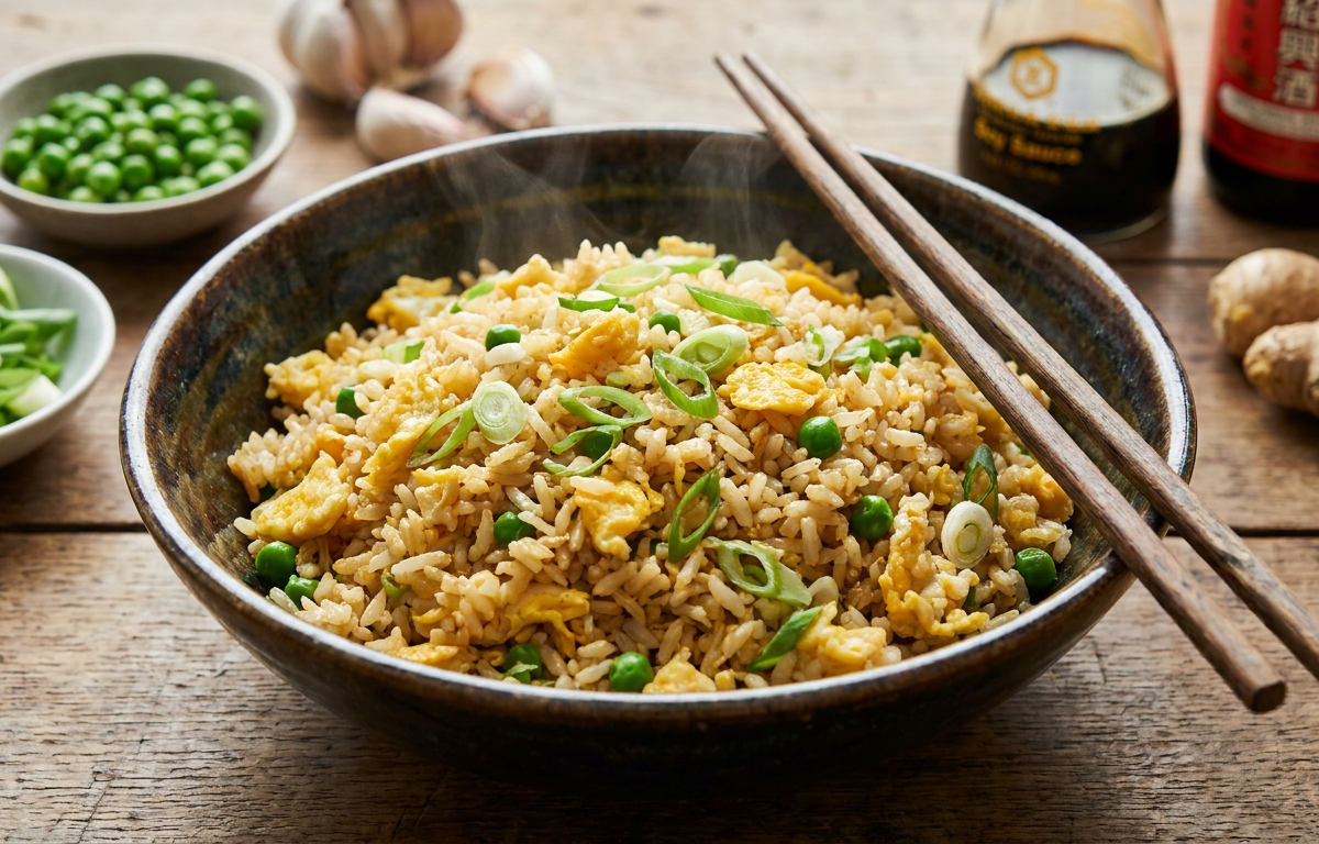 Classic Chinese Egg Fried Rice served on a plate, photographed in natural light