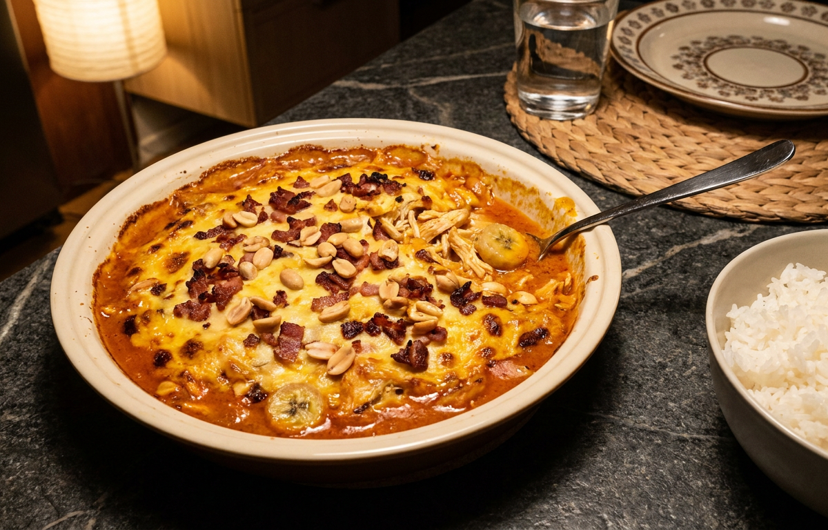 Flygande Jakob – Gegrilltes Hähnchen, Erdnüsse und Banane mit würziger Sahnesauce