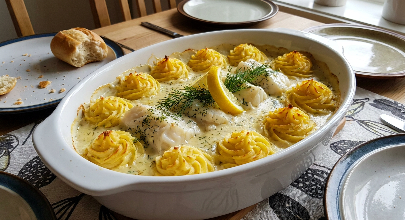 Gratinado clásico de pescado con puré duquesa y salsa de eneldo
