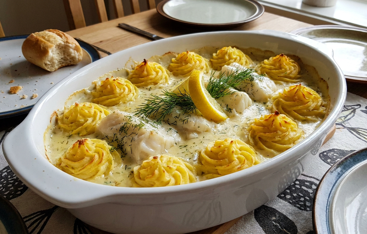 Gratinado clásico de pescado con puré duquesa y salsa de eneldo