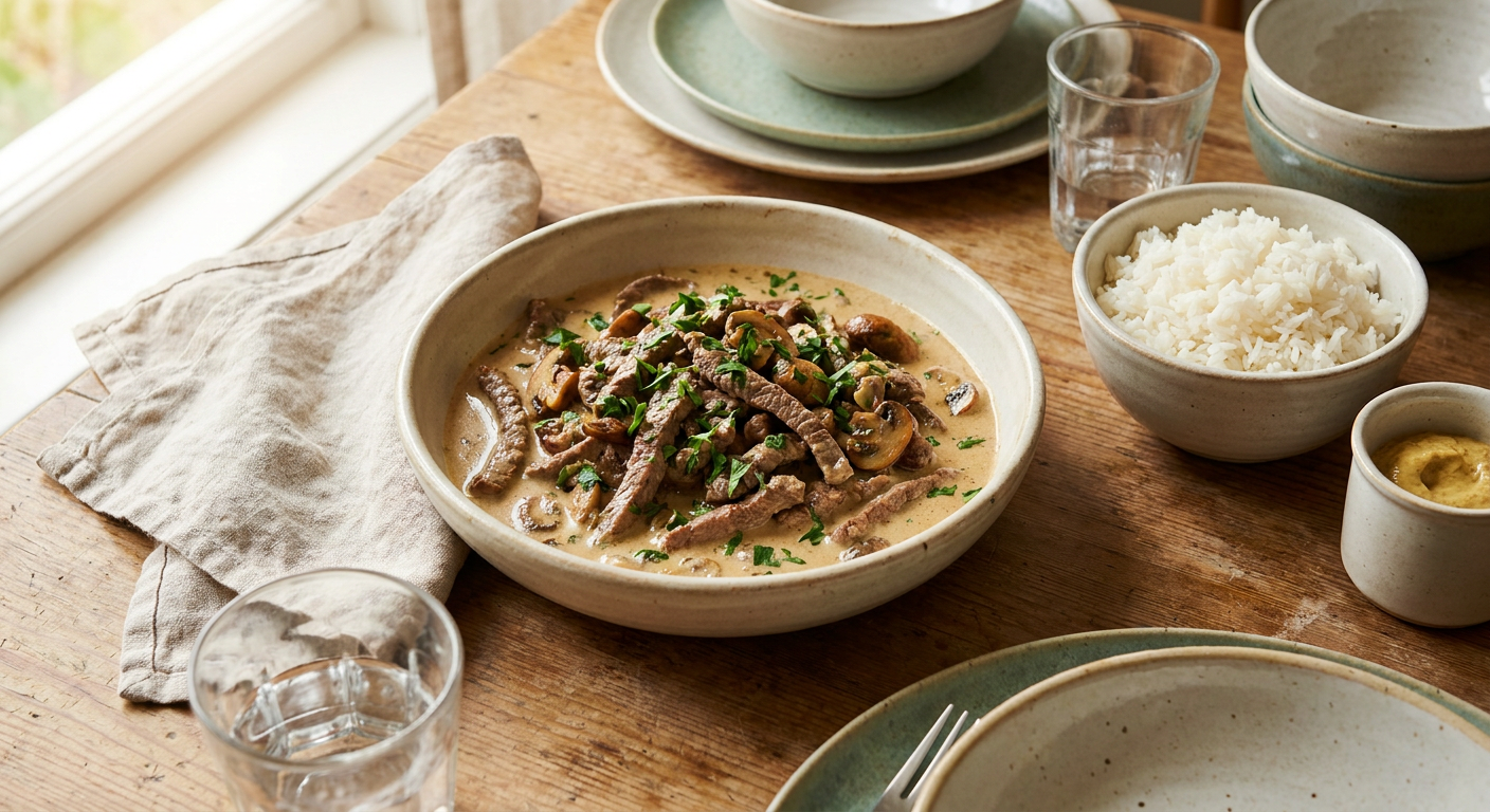 Spezzatino cremoso di manzo con funghi champignon e senape di Digione