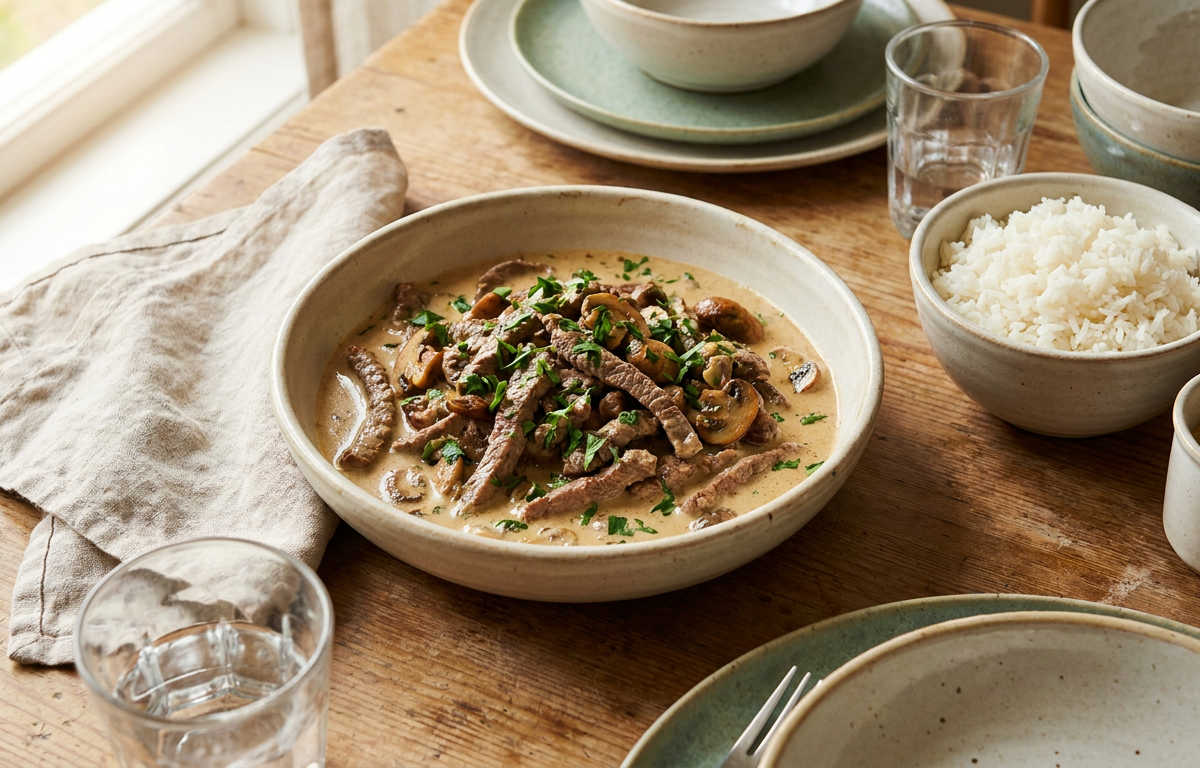 Spezzatino cremoso di manzo con funghi champignon e senape di Digione
