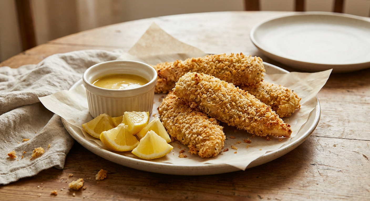 Crispy Baked Chicken Tenders served on a plate, photographed in natural light