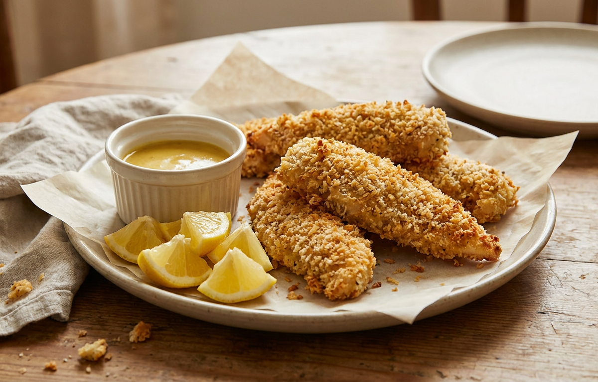 Crispy Baked Chicken Tenders served on a plate, photographed in natural light