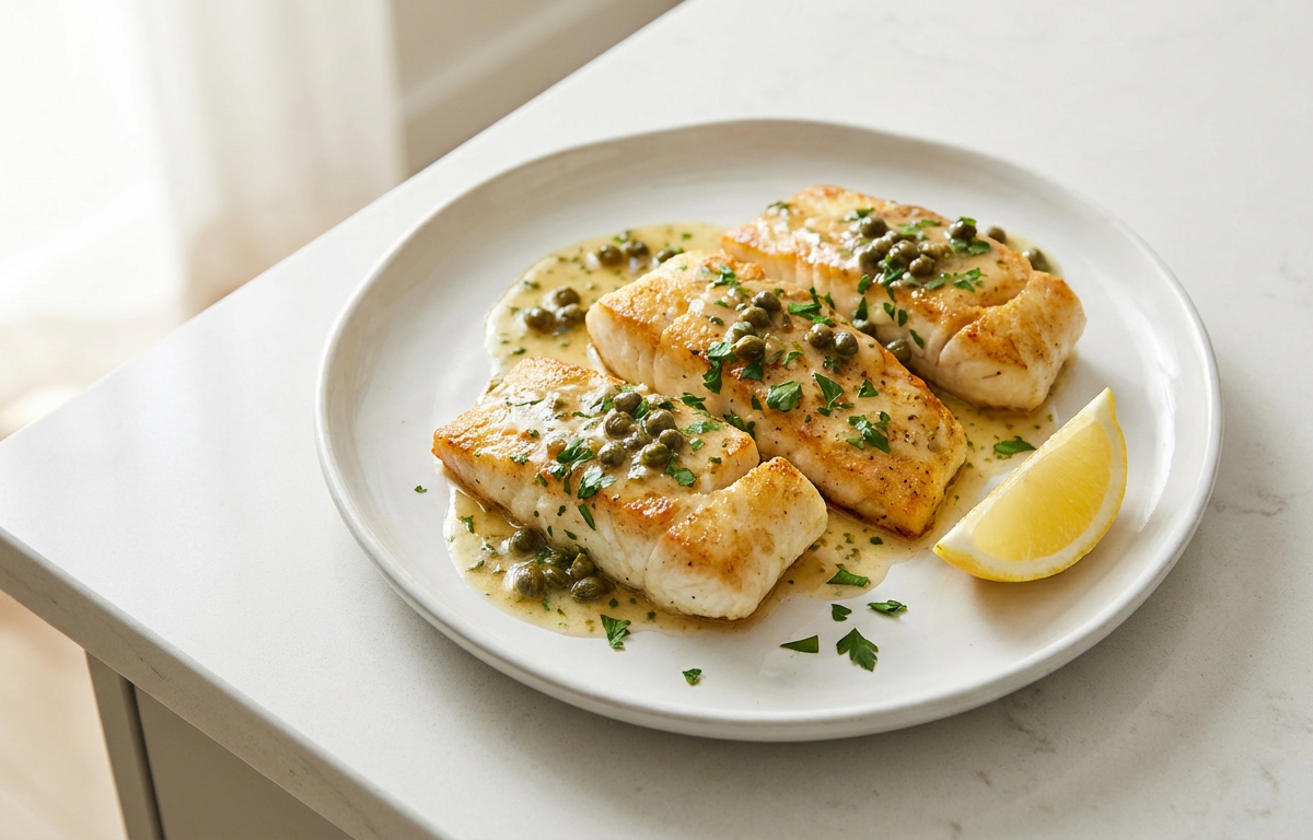 Gebratenes Kabeljaufilet in Zitronen-Kapern-Butter