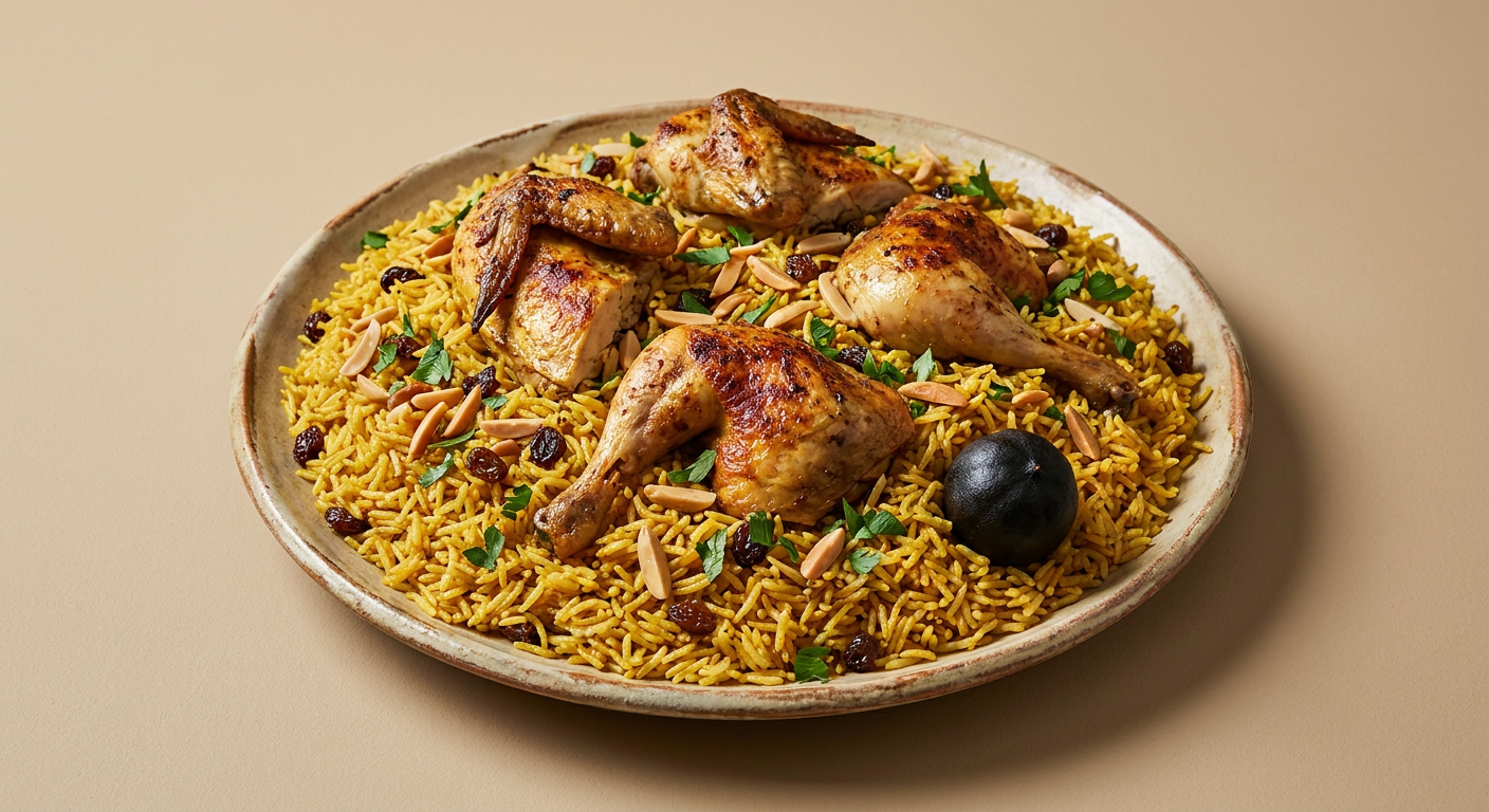 Arabisk Kabsa med kyckling served on a plate, photographed in natural light