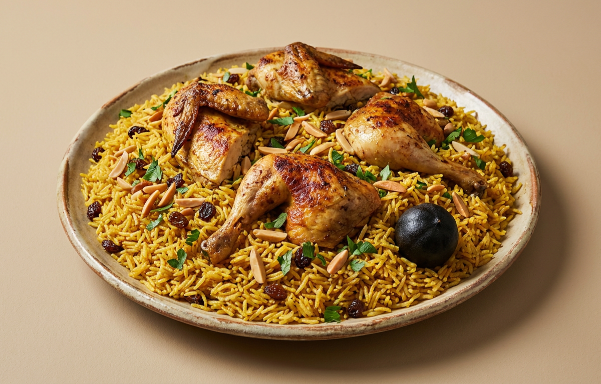 Arabisk Kabsa med kyckling served on a plate, photographed in natural light