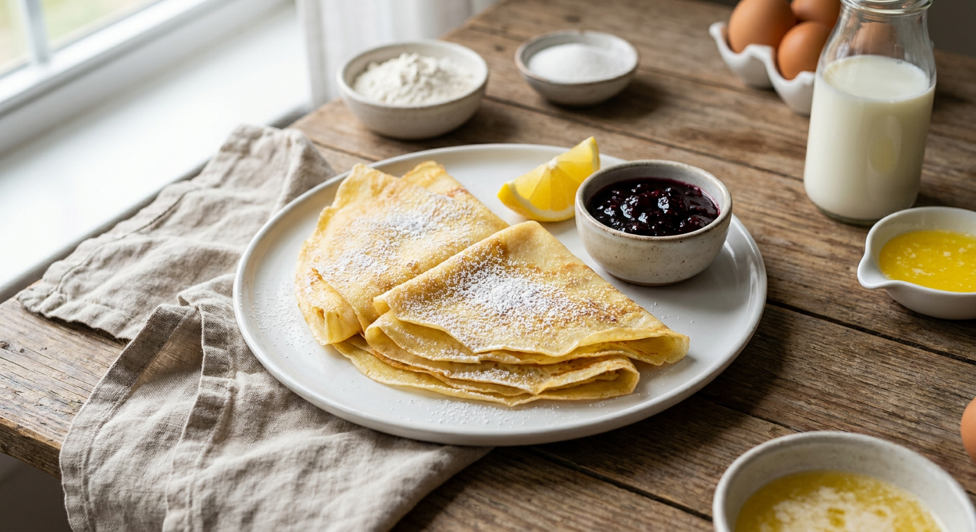 Classic French Crêpes served on a plate, photographed in natural light
