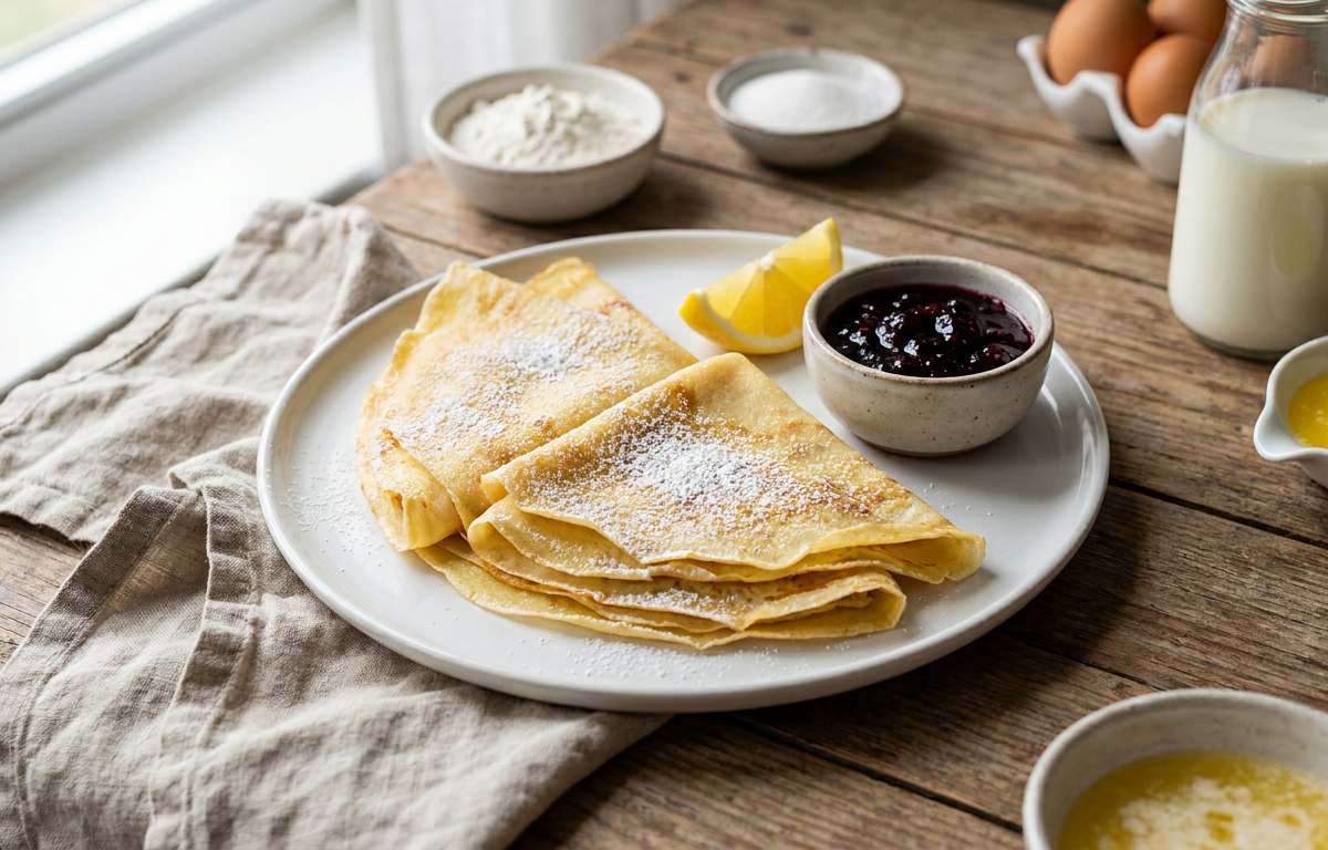 Classic French Crêpes served on a plate, photographed in natural light
