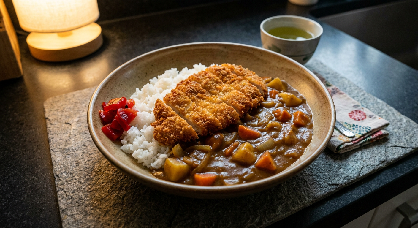 Chicken Katsu Curry served on a plate, photographed in natural light