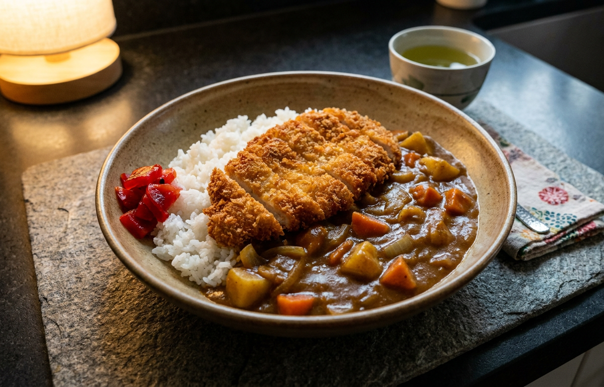 Chicken Katsu Curry served on a plate, photographed in natural light