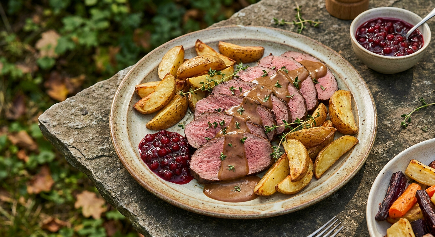 Klassisk älg- eller hjortstek med gräddsås served on a plate, photographed in natural light