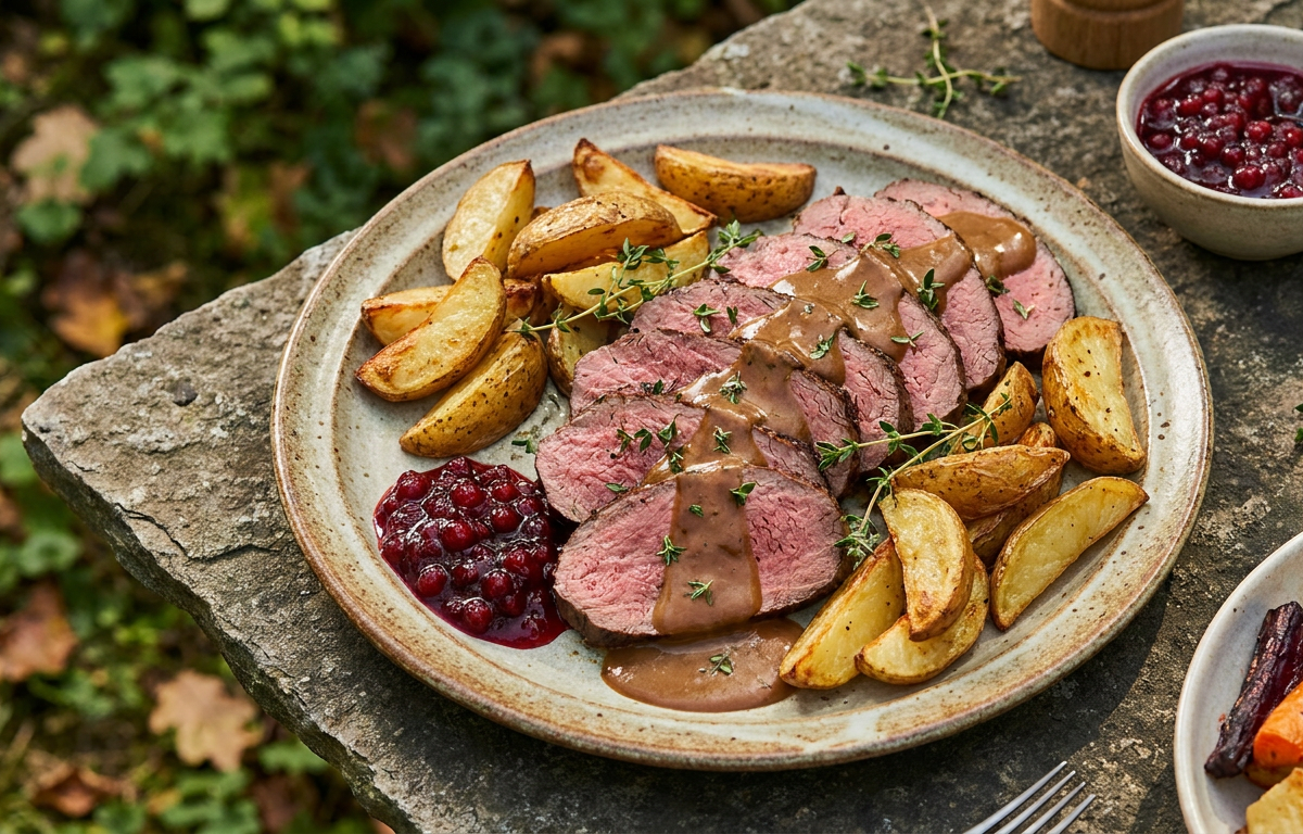 Klassisk älg- eller hjortstek med gräddsås served on a plate, photographed in natural light