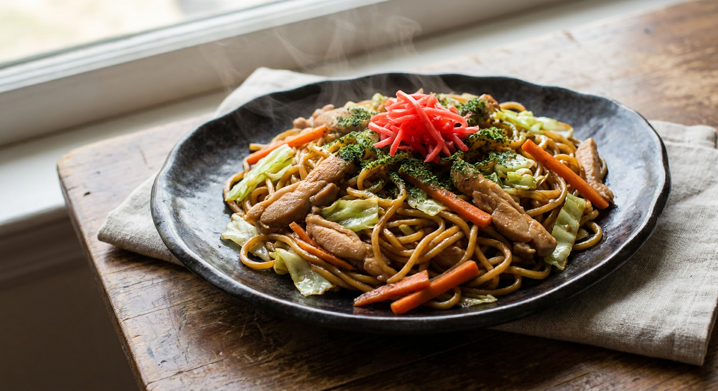 Chicken Yakisoba served on a plate, photographed in natural light