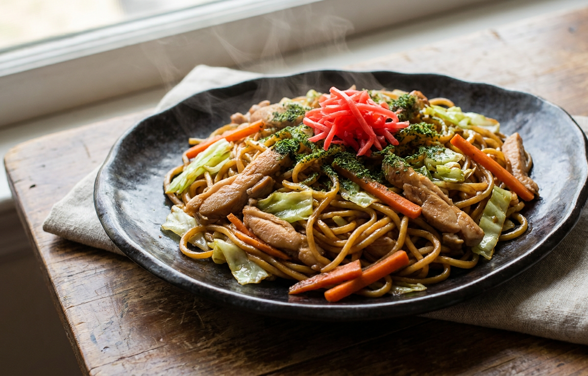 Chicken Yakisoba served on a plate, photographed in natural light