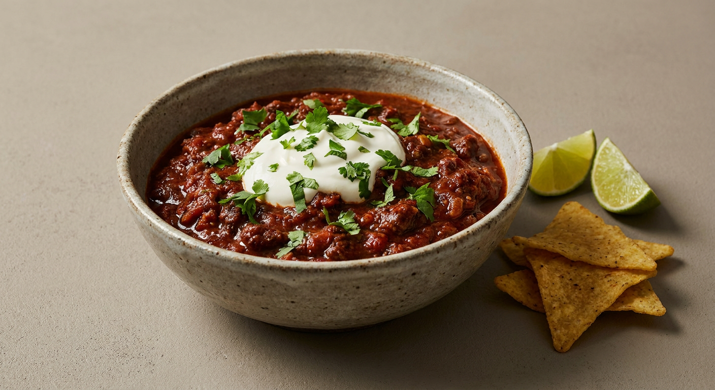Chili con carne served on a plate, photographed in natural light