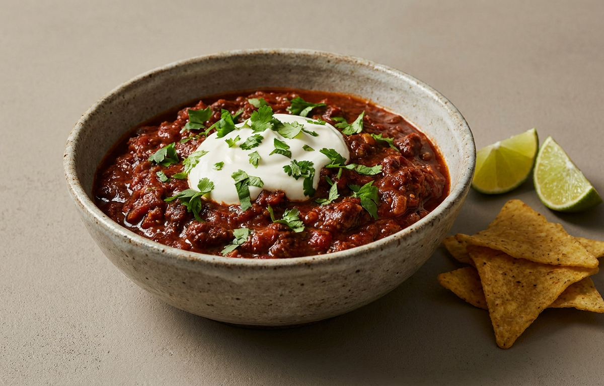 Chili con carne served on a plate, photographed in natural light