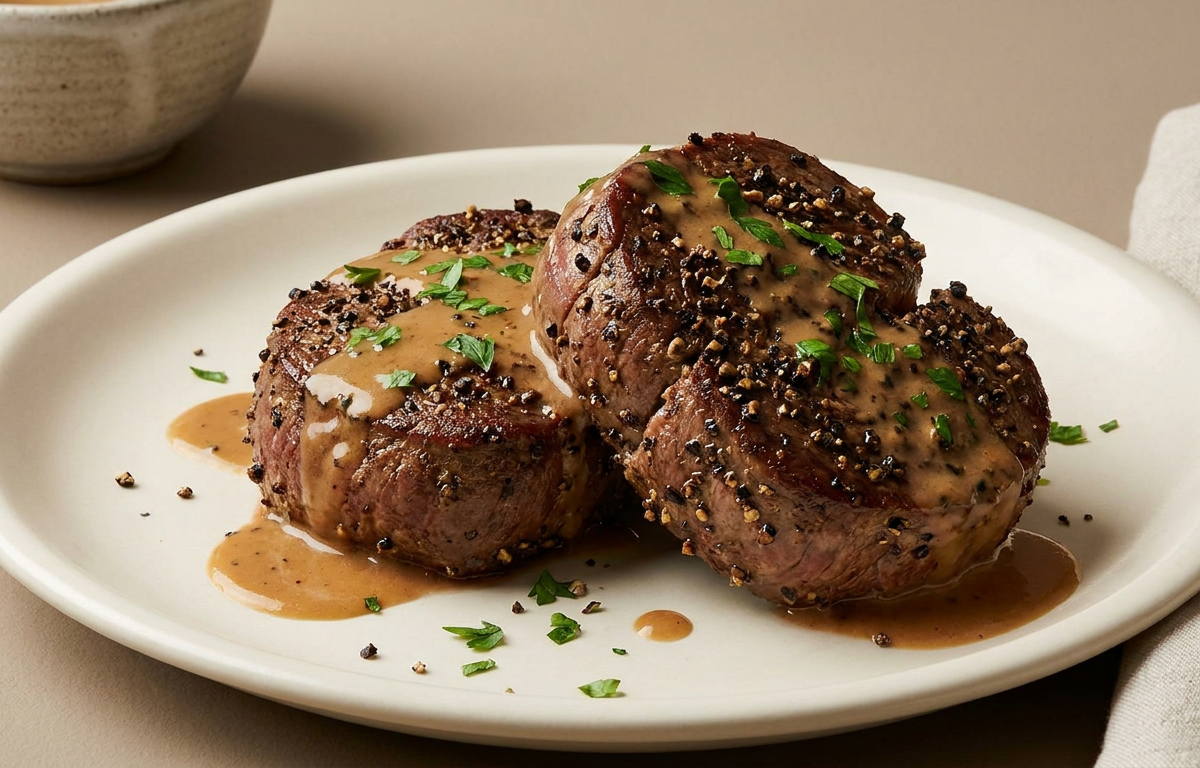 Steak au Poivre served on a plate, photographed in natural light