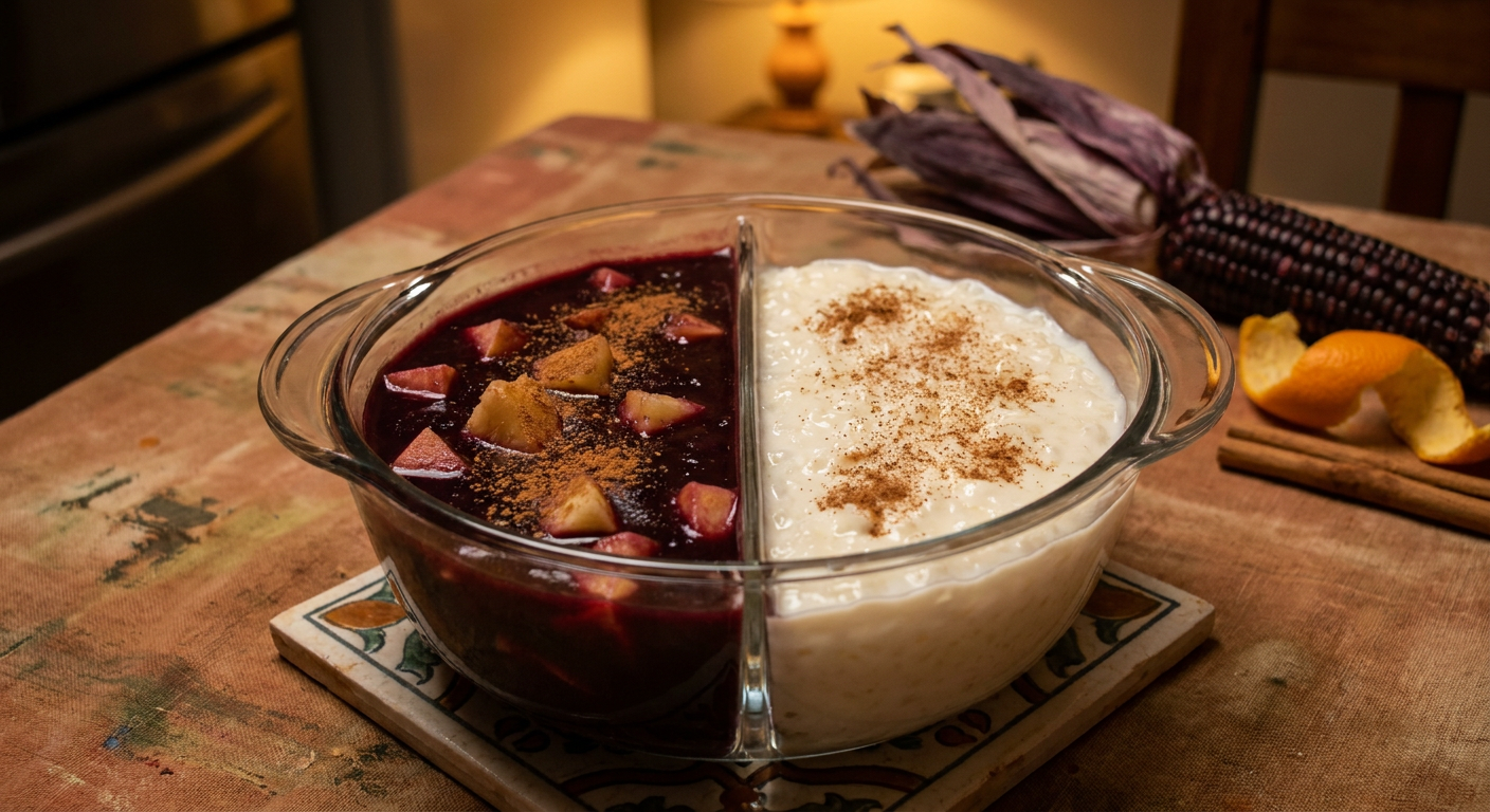 Clásico (Arroz con Leche y Mazamorra Morada) served on a plate, photographed in natural light