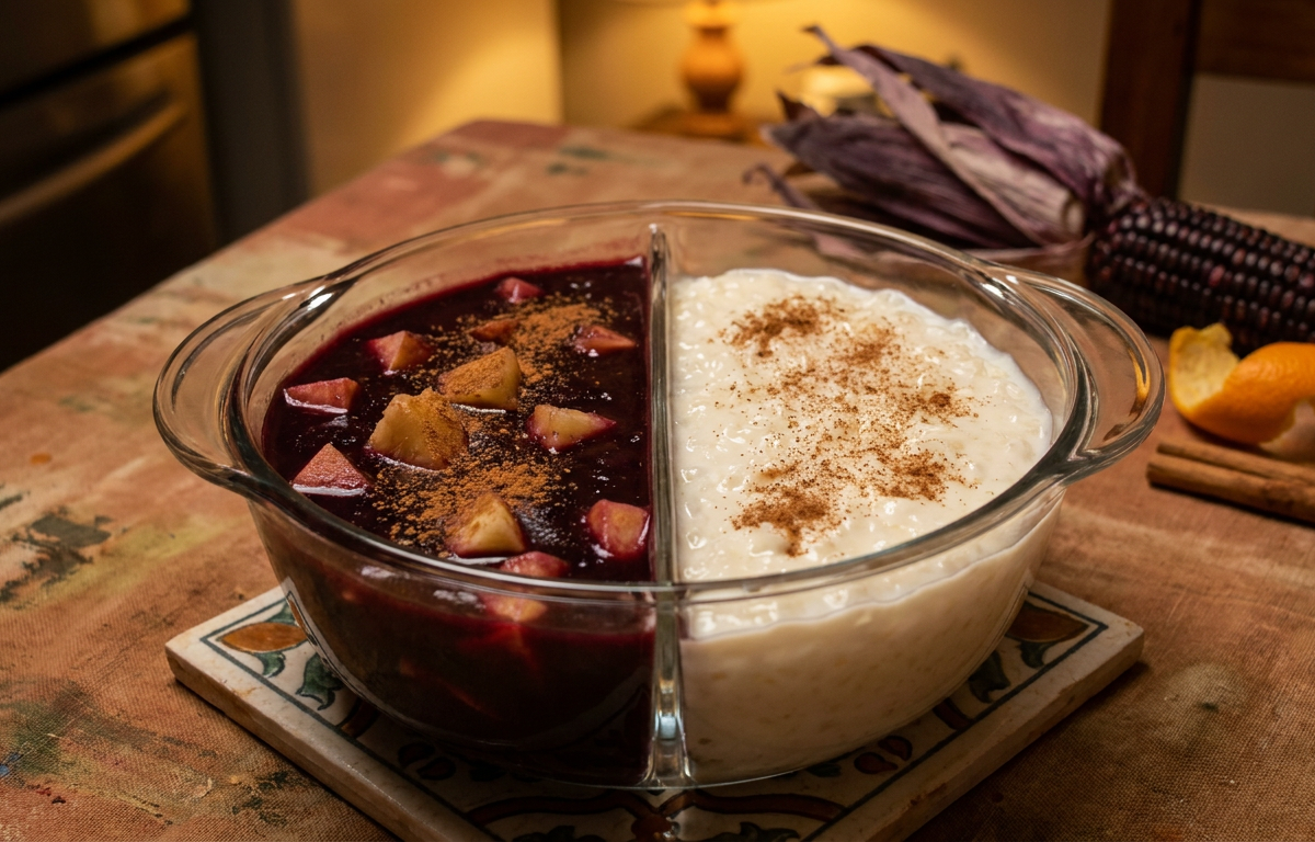 Clásico (Arroz con Leche y Mazamorra Morada) served on a plate, photographed in natural light