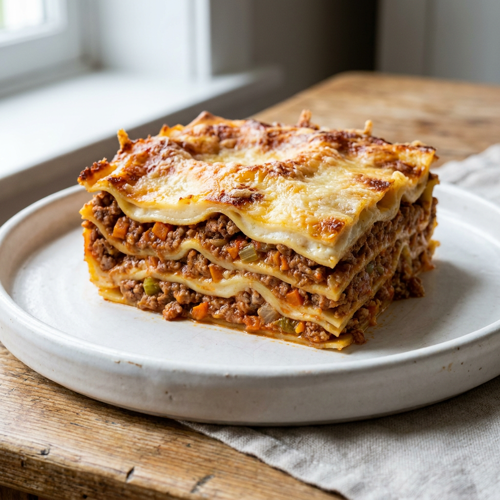 Lasagne alla Bolognese served on a plate, photographed in natural light