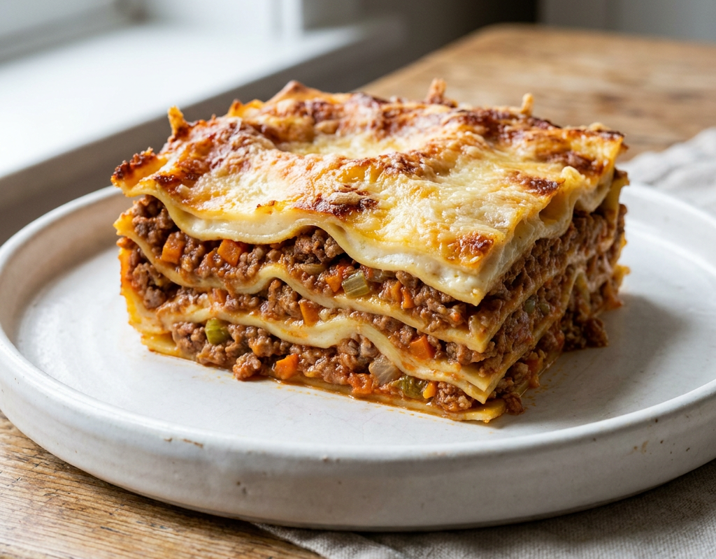 Lasagne alla Bolognese served on a plate, photographed in natural light