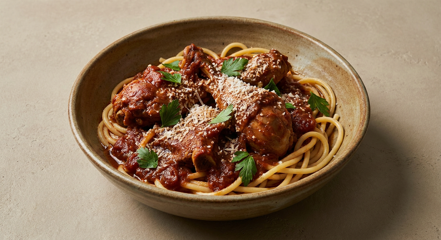 Greek Braised Rooster in Red Wine (Kokoras Krasatos) served on a plate, photographed in natural light
