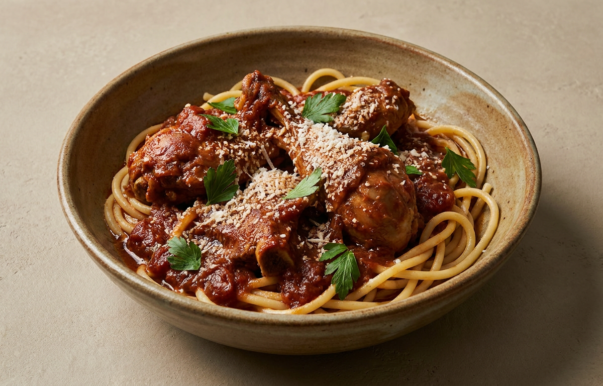 Greek Braised Rooster in Red Wine (Kokoras Krasatos) served on a plate, photographed in natural light