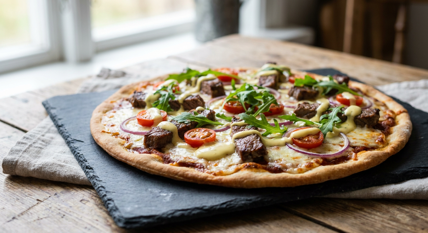 Swedish Beef Tenderloin Pizza with Fresh Vegetables and Béarnaise Sauce served on a plate, photographed in natural light