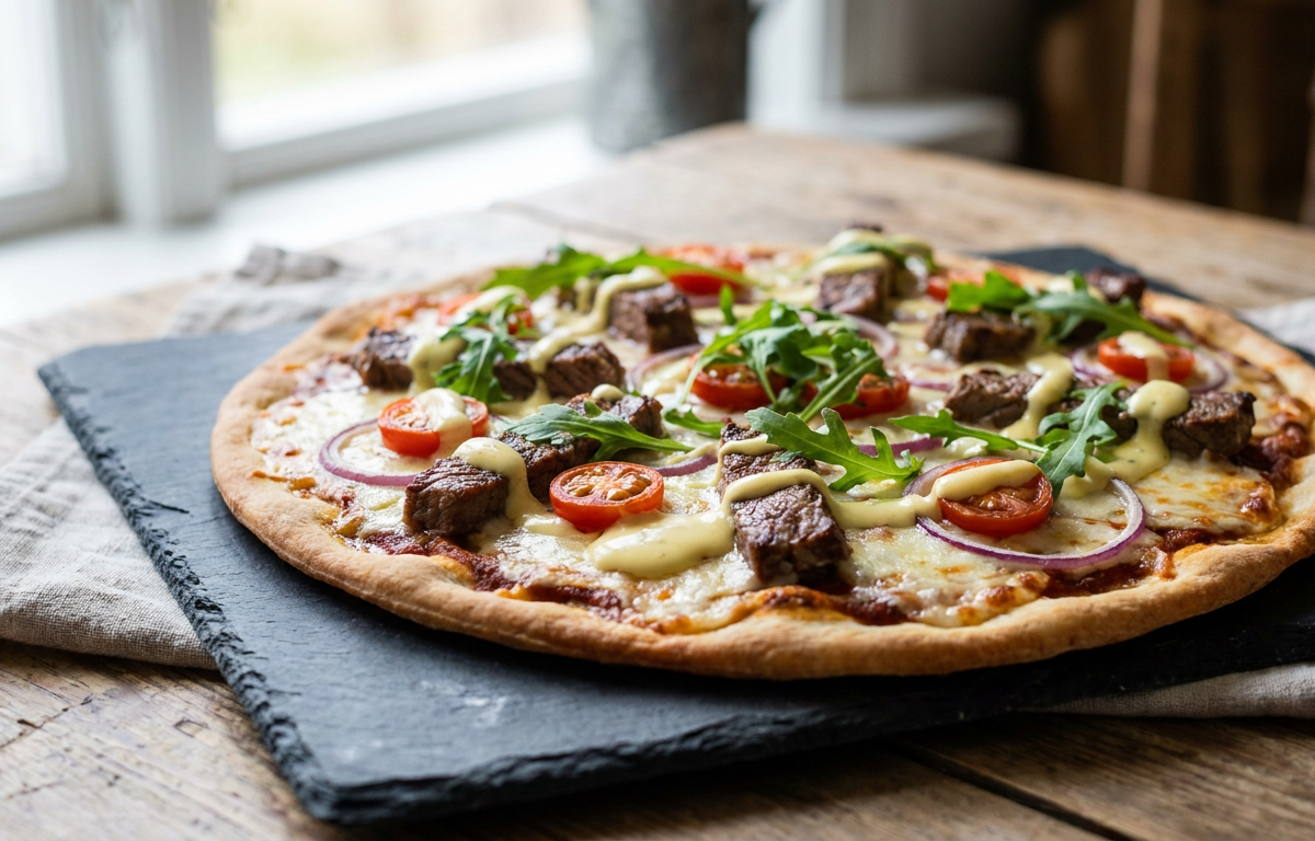 Swedish Beef Tenderloin Pizza with Fresh Vegetables and Béarnaise Sauce served on a plate, photographed in natural light