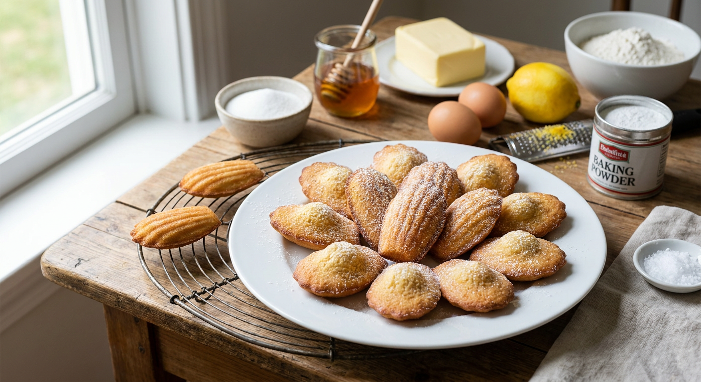 Classic French Madeleines served on a plate, photographed in natural light
