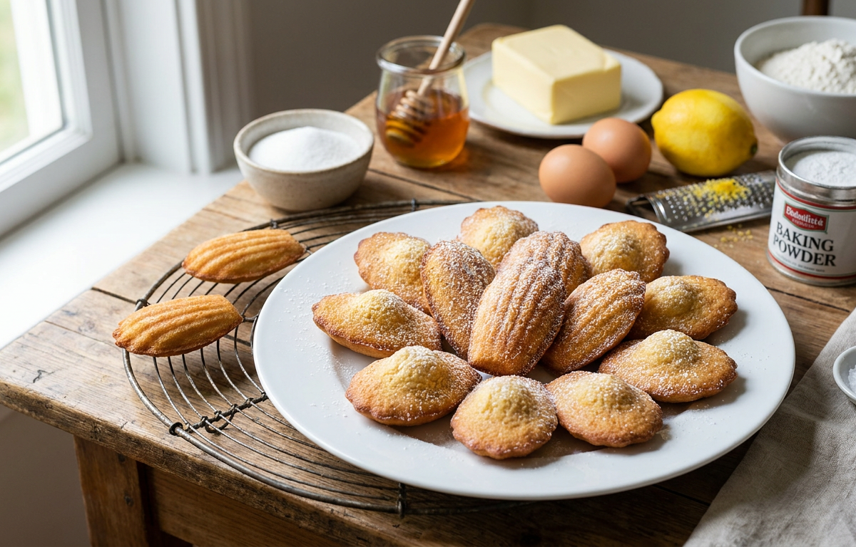 Classic French Madeleines served on a plate, photographed in natural light